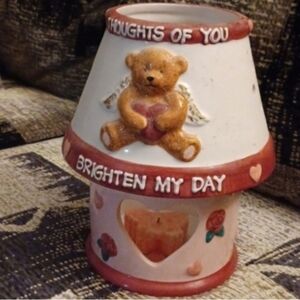 GANZ White and Pink Bear 'Brighten My Day' Ceramic Candle Holder